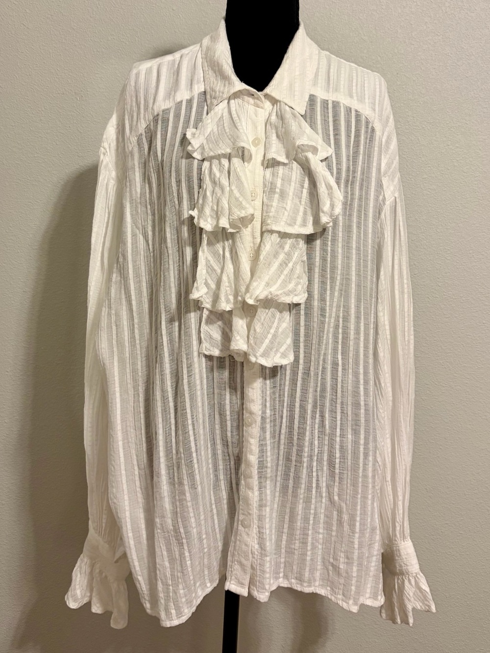 By Anthropologie White Ruffle Button Down Blouse XL